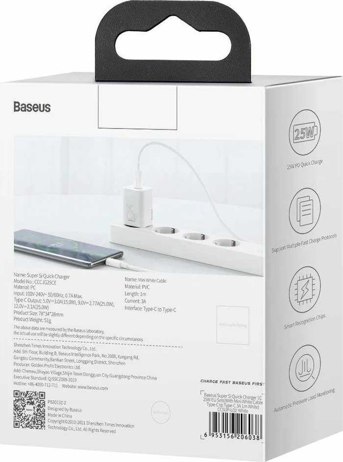 Ngarkues muri Baseus Super Si TZCCSUP-L02 25W USB-C PD 3A, bardhë, set me kabllo USB-C në USB-C 1m
