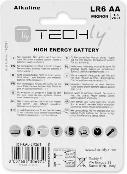 Bateri alkaline Techly LR06 AA, 1.5V, 4 copë