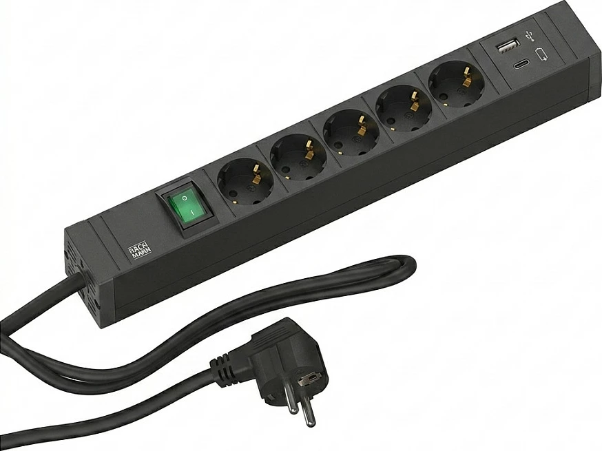 Zgjatues rryme Bachmann Connect Line, 5x Schuko, me ndërprerës, USB-A & USB-C 22W, i zi