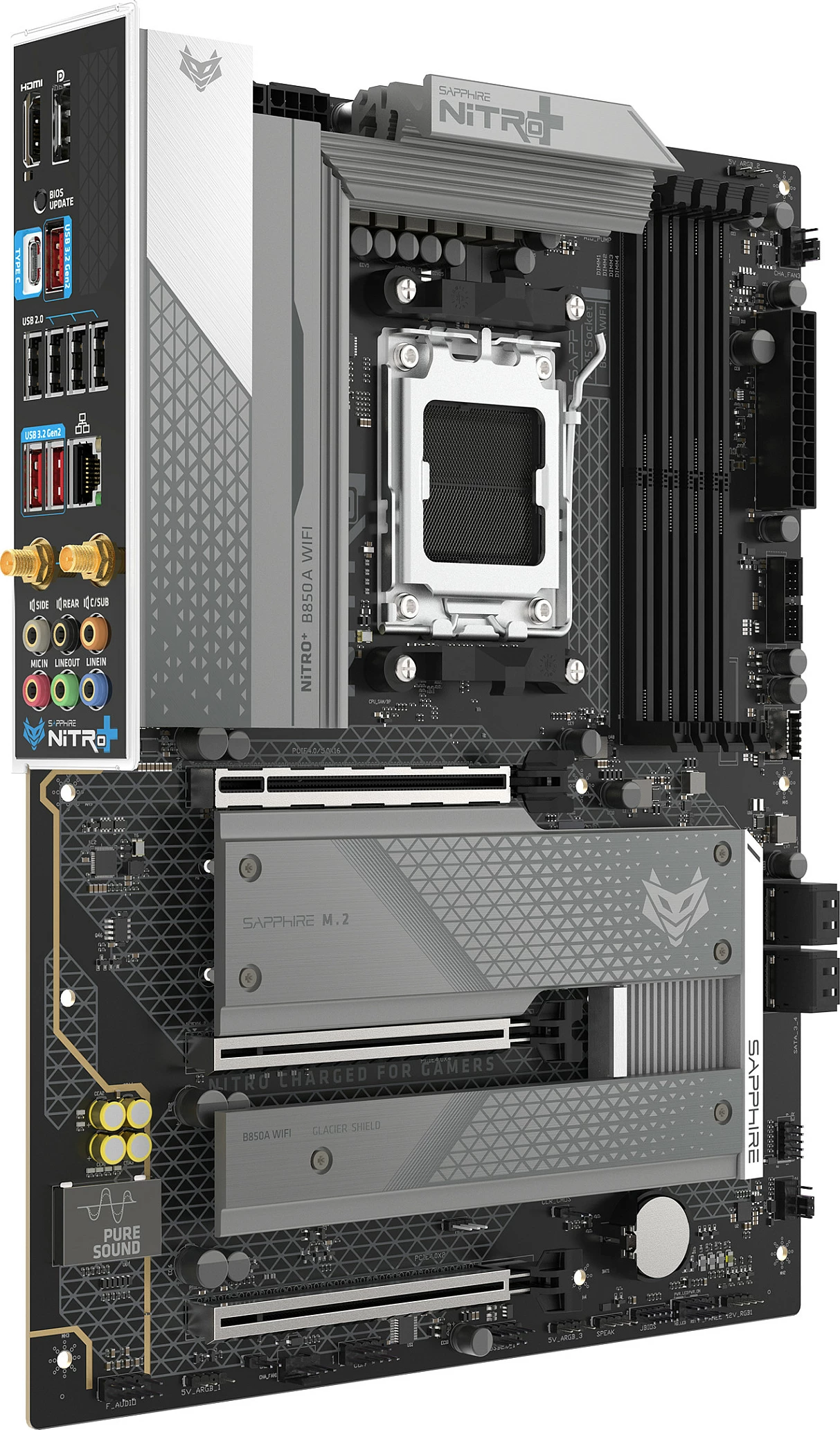 Pllakë amë Sapphire NITRO+ B850A, Socket AM5, DDR5 deri 256GB, Wi‑Fi 7, 2.5GbE, ATX, e zezë/gri