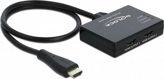 Splitter HDMI DeLOCK 87747, 1 në 2, 4K@60Hz, kabllo 0.6m, i zi