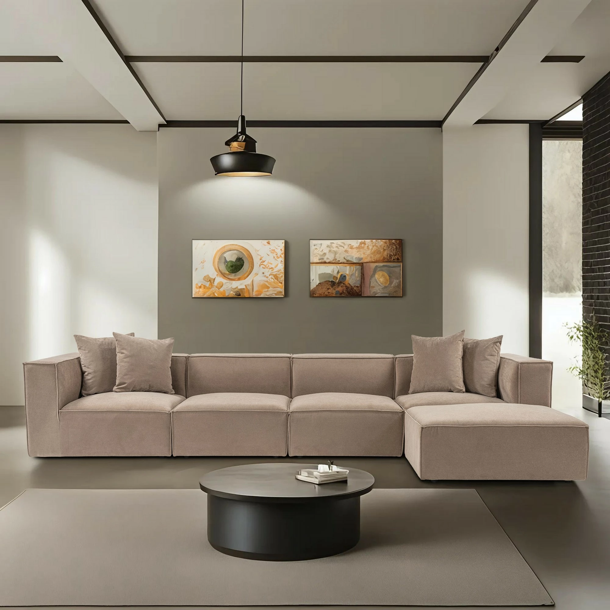 Kënd-sofë Sora me pouffe, ngjyrë kapuçino, Atelier del Sofa