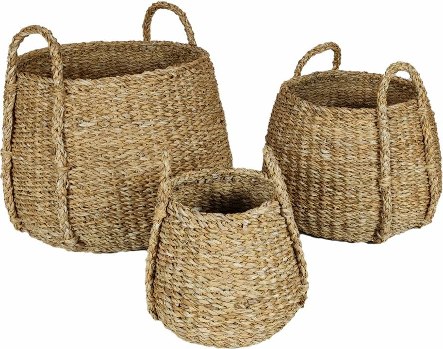 Set 3 shporta me dorezë ALMAR, 45x45x30cm, kashtë deti, natyrale