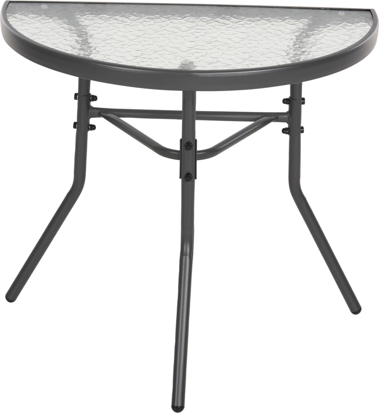 Tavolinë gjysmë rrethore LIMA FH5967.01 metalike, ngjyrë gri, me sipërfaqe xhami 70x40x64.5H cm