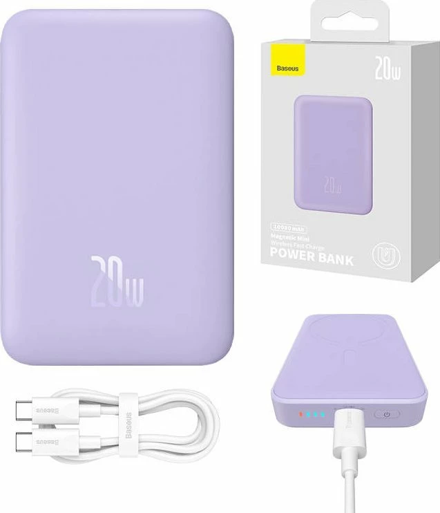 Powerbank Baseus Magnetic Mini 10000mAh 20W PD, karikim magnetik pa kabllo, vjollcë