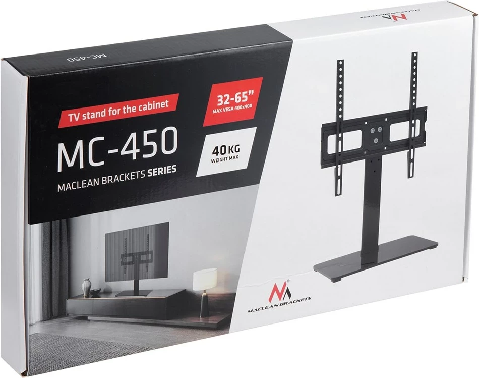 Mbajtës universal për TV Maclean MC-450, për tavolinë, deri 65 inç, xham i temperuar, i zi