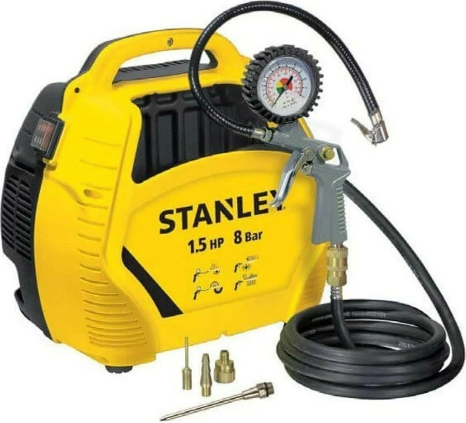 Kompresor portativ ajri Stanley Air Kit OL195 230V 1.1kW 8 bar, i verdhë/zi, set me pistoletë ajri me manometër + 3 gryka