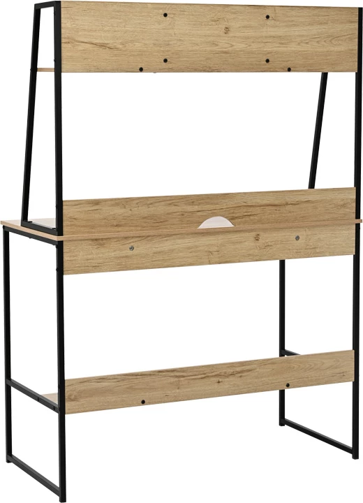 Tavolinë zyre me raft, ngjyrë lisi, këmbë metalike të zeza, Herbey, 100x48x139cm