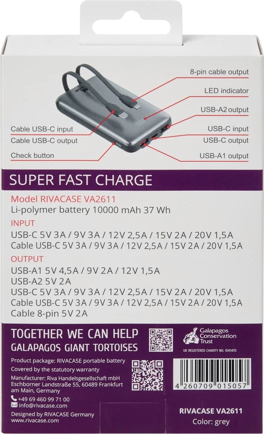 Power bank RIVACASE VA2611 10,000 mAh 30W, LCD, kabllo Type-C + Lightning, gri