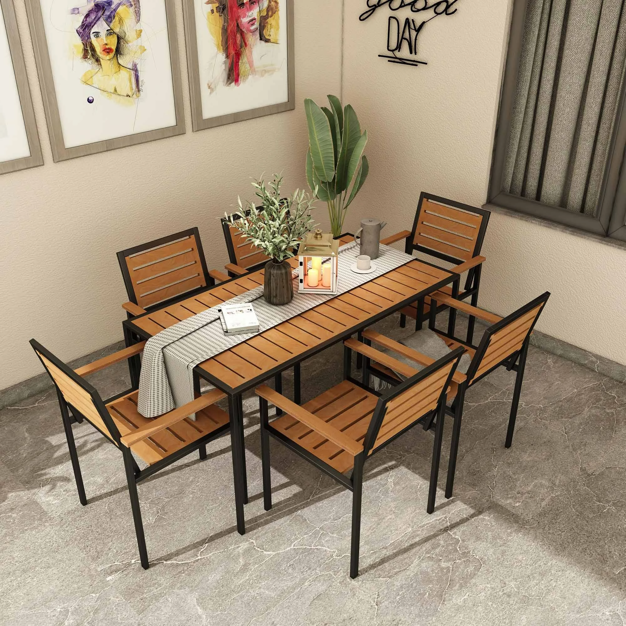 Tavolinë me karrige për terasë, 7 copë, ngjyrë teak, Skye Decor, CPT7707-150