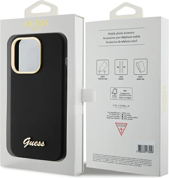 Mbështjellës Guess Silicone Script Metal Logo & Frame për iPhone 15 Pro Max, i zi