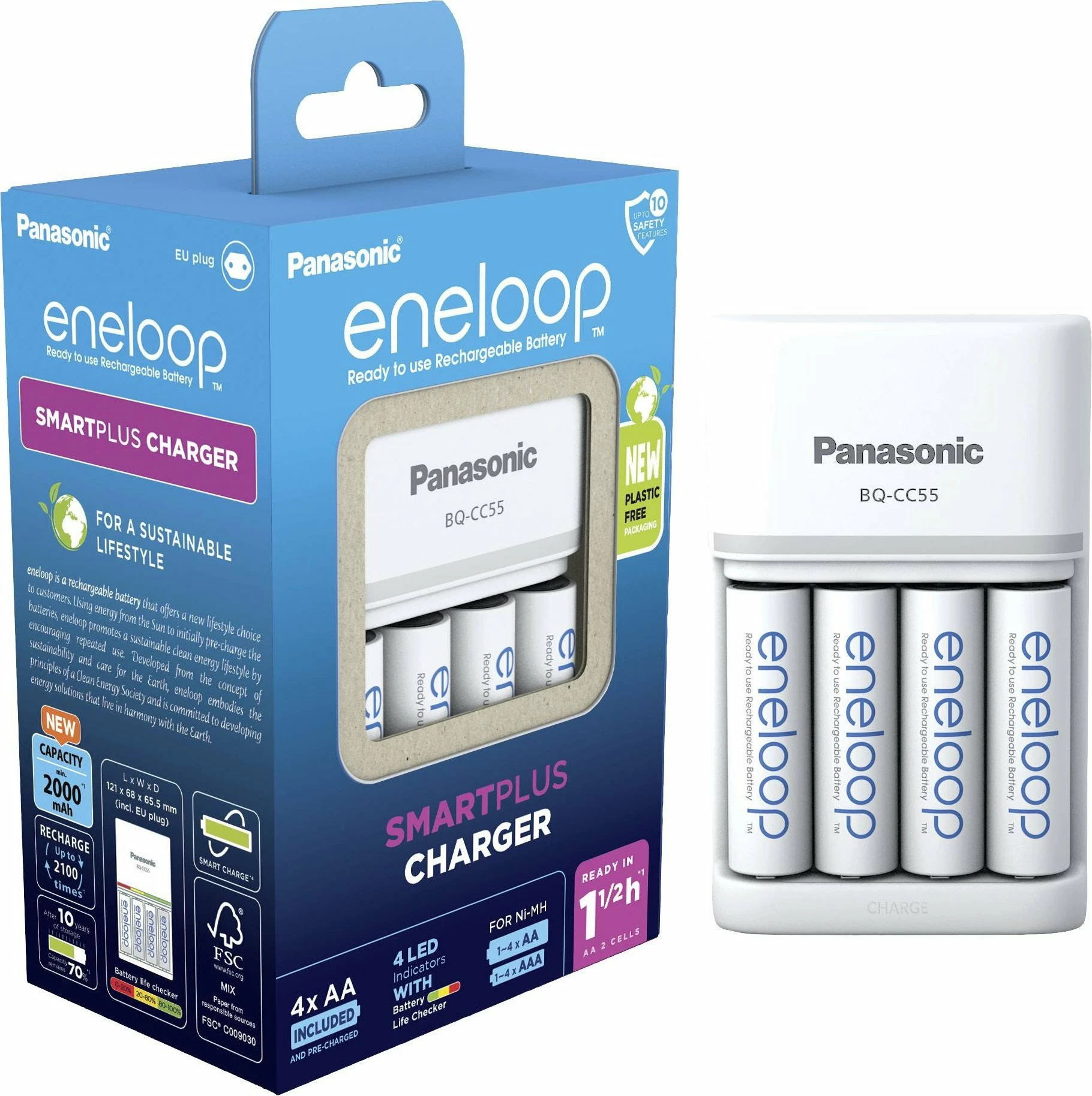 Karikues baterish Panasonic Eneloop Smart & Quick BQ-CC55, për AA/AAA Ni-MH, 4 vende, set me 4x AA 2000 mAh, i bardhë