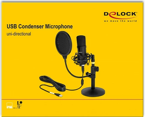 Mikrofon USB kondensator DeLOCK 66300, 24-bit/192 kHz, unidireksional, me pop filter, i zi