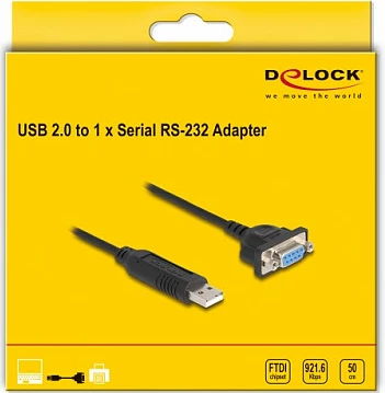 Adapter USB 2.0 në Serial RS-232 DeLOCK, FTDI FT232R, 0.5 m, i zi