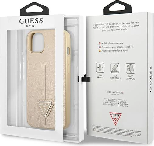 Mbështjellës Guess GUHCP14MPSATLE për iPhone 14 Plus 6.7", SaffianoTriangle Logo, Bezhe