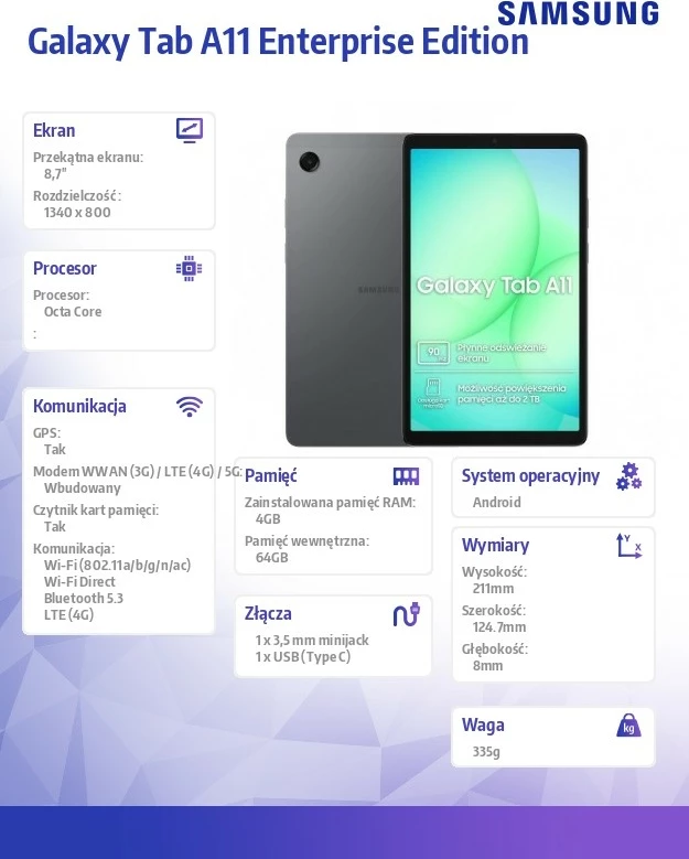 tablet Samsung Galaxy Tab A11 (SM-X135) 8.7" 4/64 GB 4G LTE gri Enterprise Edition