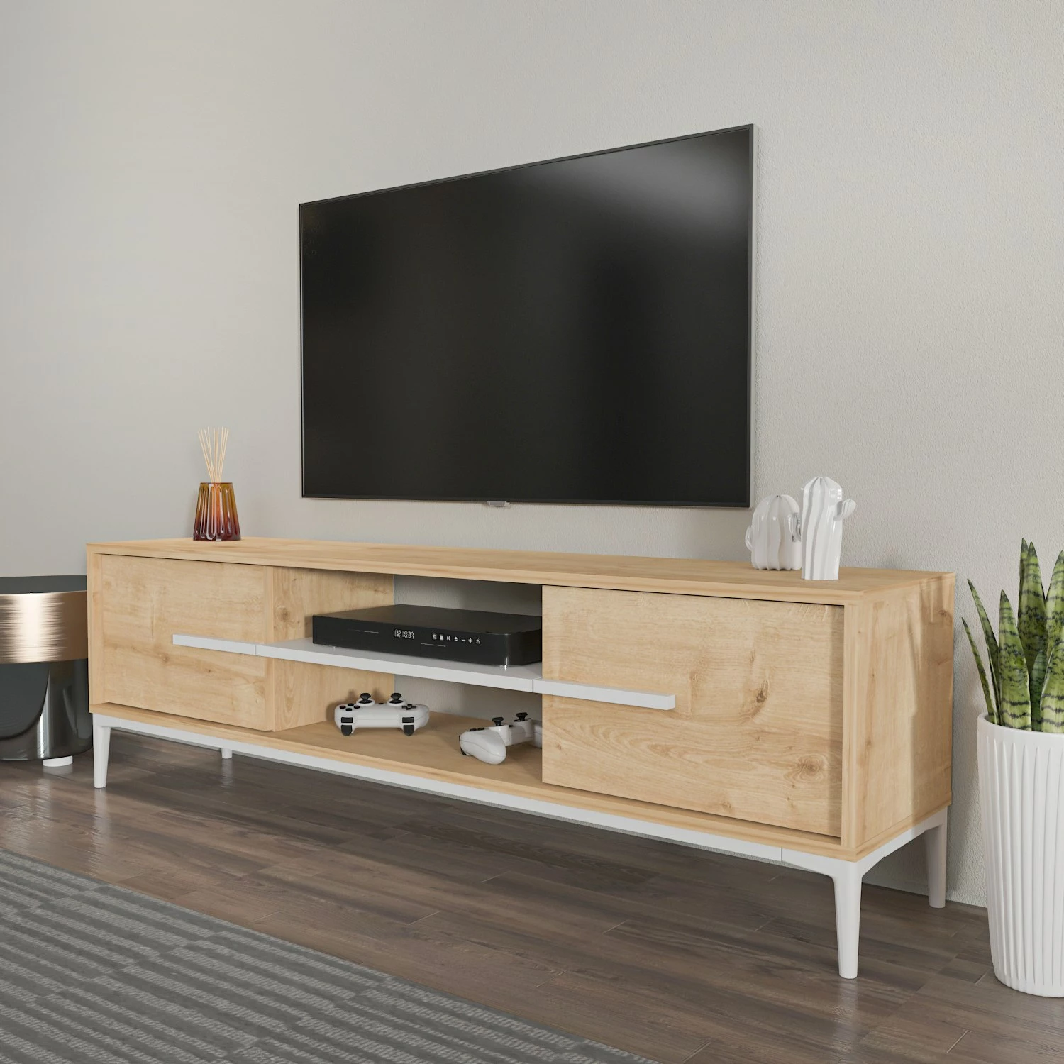 Komodë TV Hanah Home, Eslem, ngjyrë lis dhe e bardhë