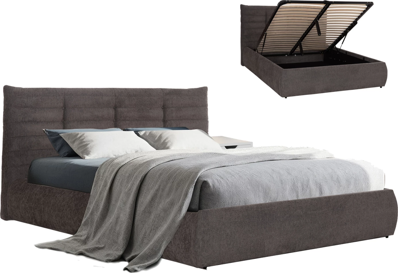 Krevat dopio SANDRA, stof gri, me hapësirë për depo, për dyshek 160x200cm