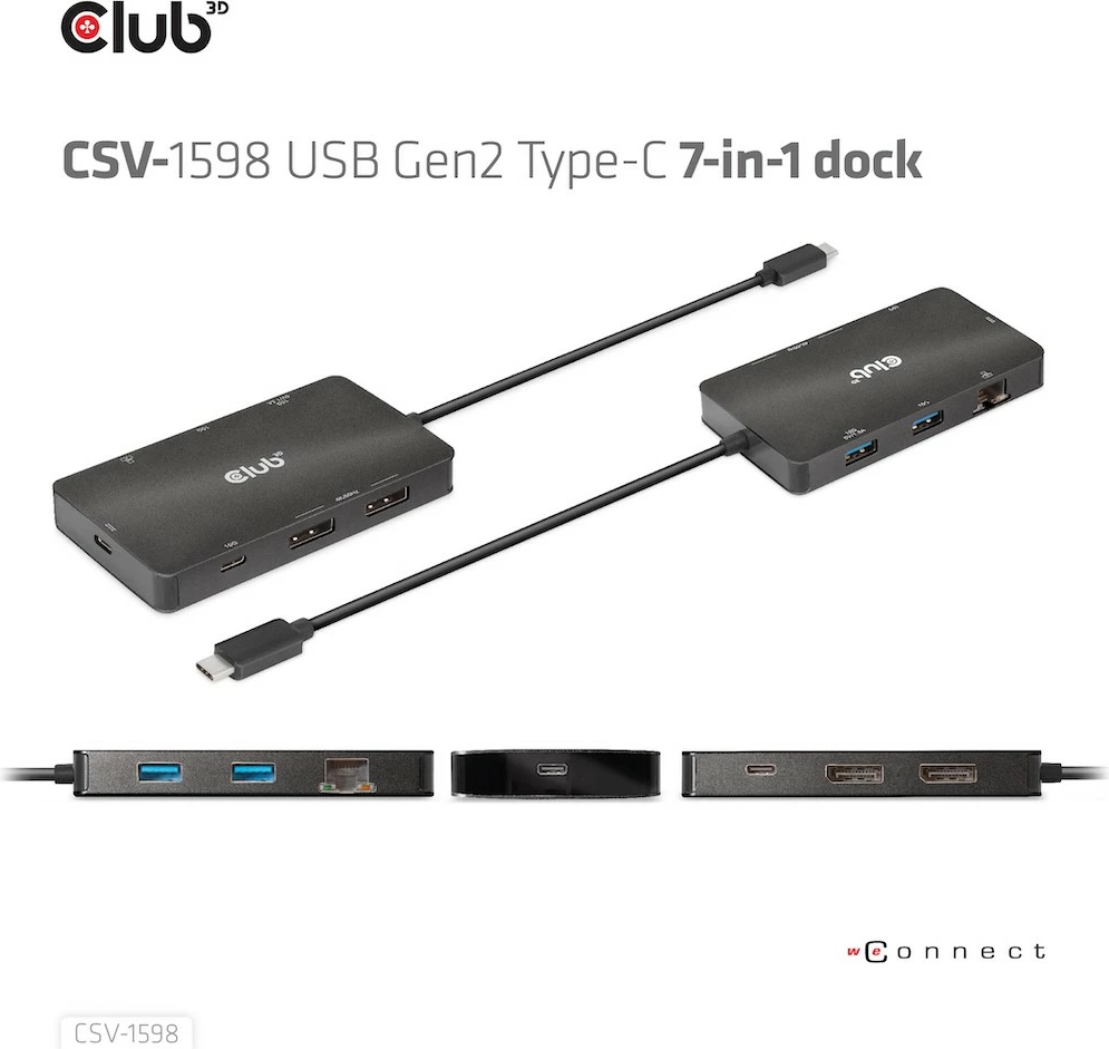 USB-C HUB Club3D CSV-1598, 7 porte, 2xDisplayPort, 2xUSB-A, 2xUSB-C, LAN, 4K60Hz, e zezë
