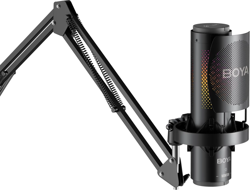 Mikrofon BOYA K9 me kabllo USB-C, 48 kHz 24-bit, RGB, me stendë tavoline dhe pop filter, i zi