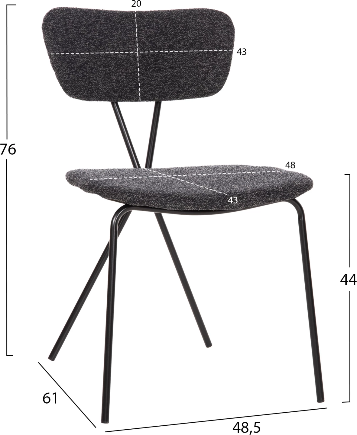 Karrige ngrënieje DORY, kornizë metalike e zezë, pëlhurë gri e errët, 48,5x61x76H cm., set prej 4 copash