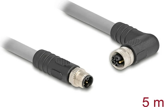 Kabllo DeLOCK M12 L-coded 5-pin, mashkull drejt në femër këndore, 5 m, gri