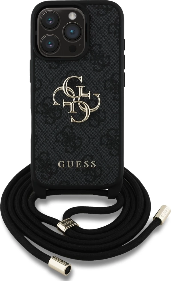 Mbështjellës Guess 4G Big Logo Cord Stap Crossbody për iPhone 16 Pro Max, i zi