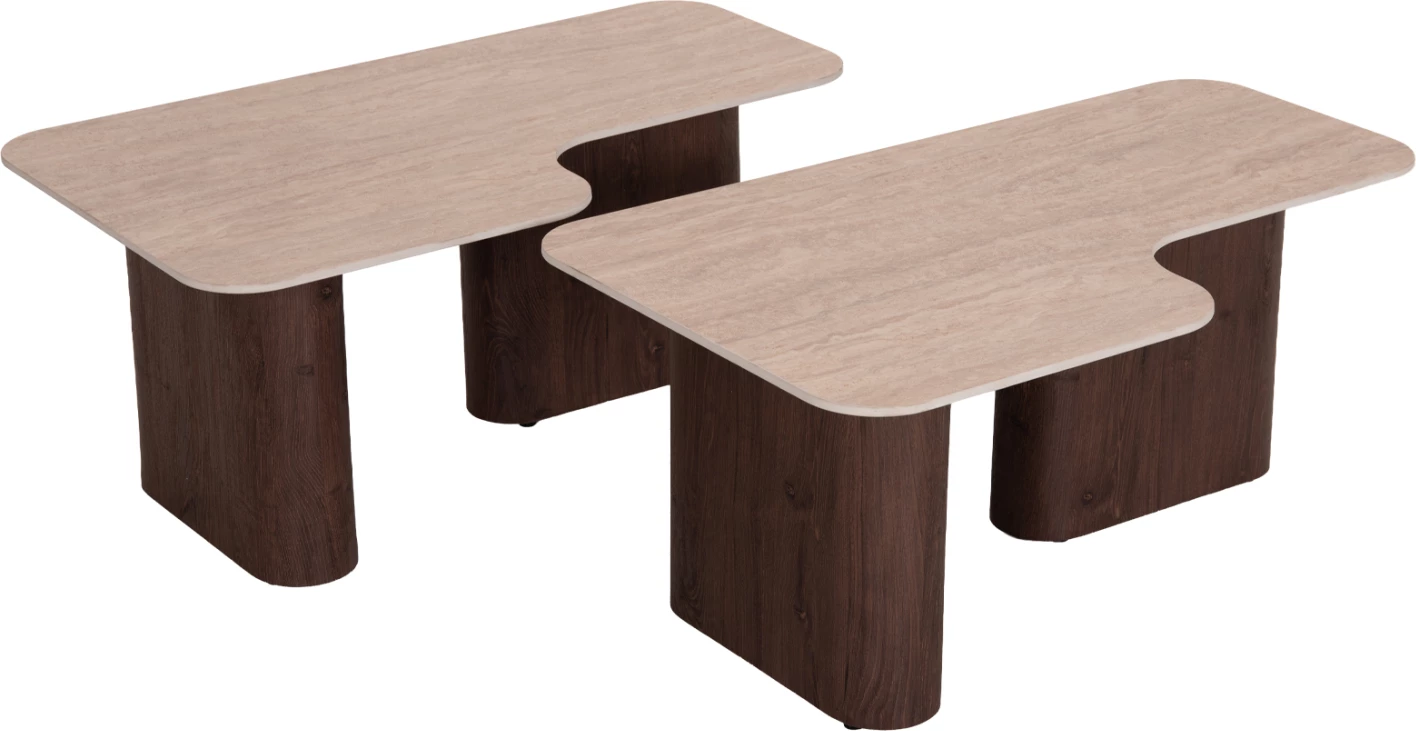 Set tavolina kafeje 2 copë Notte FH18432, sipërfaqe qeramike ngjyrë travertin, këmbë MDF ngjyrë arre, 100x100x43 cm