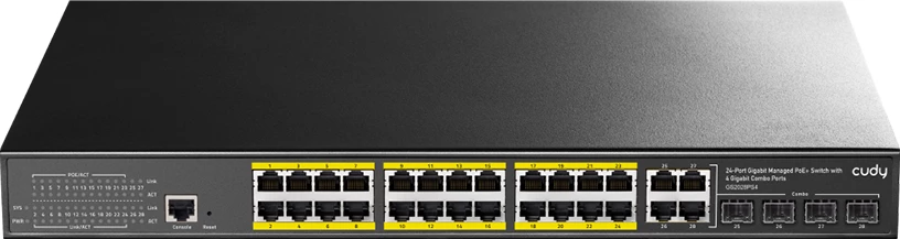 Ndërprerës Gigabit PoE+ i Menaxhuar me 24 Porta, Shtresa 2, me 4 Porta Kombinimi Gigabit, 400W (GS2028PS4-400W)