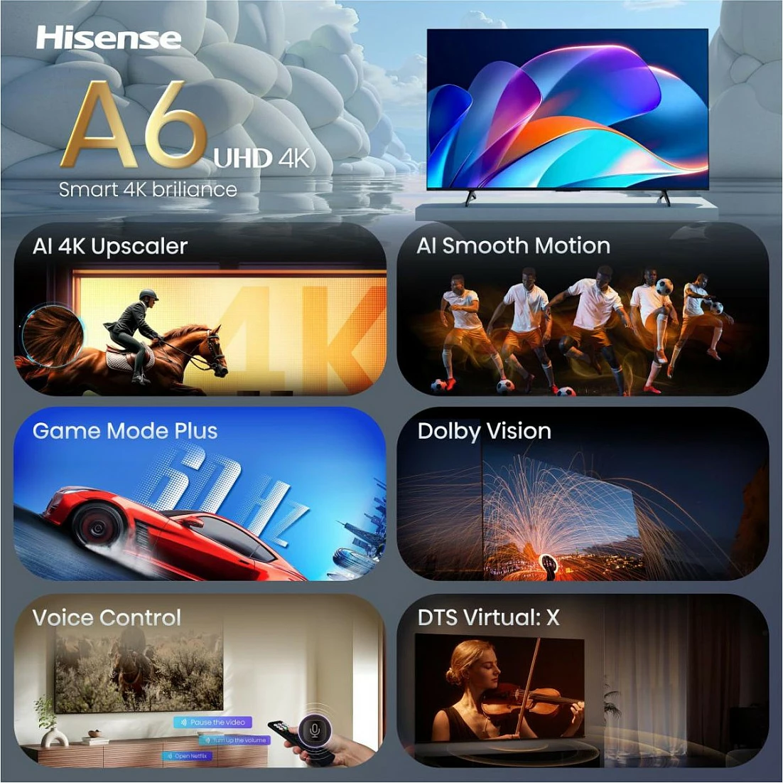 Smart TV Hisense 50A6S, 50" 4K UHD, 60Hz, HDR, Wi‑Fi, Bluetooth, Zi/Hirtë