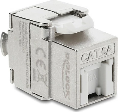 Modul Keystone DeLOCK RJ45 në LSA, Cat6A, i mbrojtur, pa vegla, me kapak pluhuri, Argjend/Bardhë