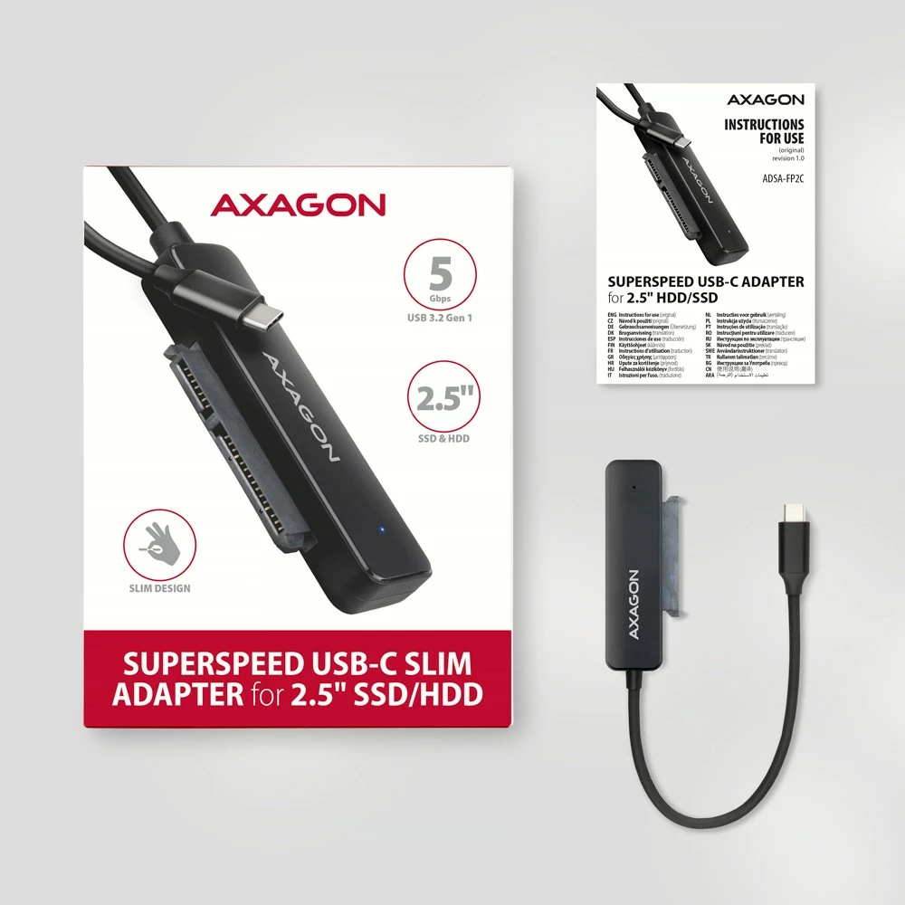 Adapter USB-C në SATA AXAGON ADSA-FP2C për 2.5" HDD/SSD, i zi