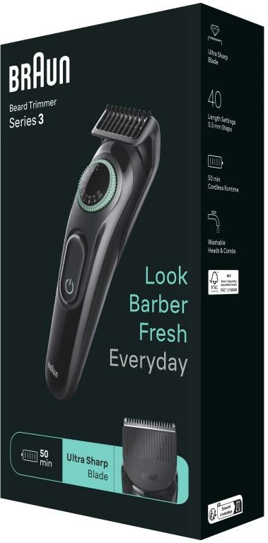 Makinë rroje Braun BT3421 trimmer mjekre me rrotë rregullimi, tehe çeliku, pa kabllo, e zezë