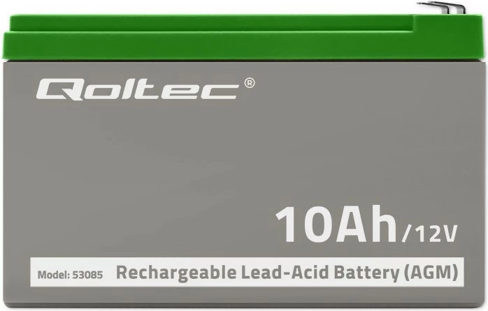 Bateri AGM plumb-acid Qoltec 53085 12V 10Ah pa mirëmbajtje për UPS, gri/jeshile