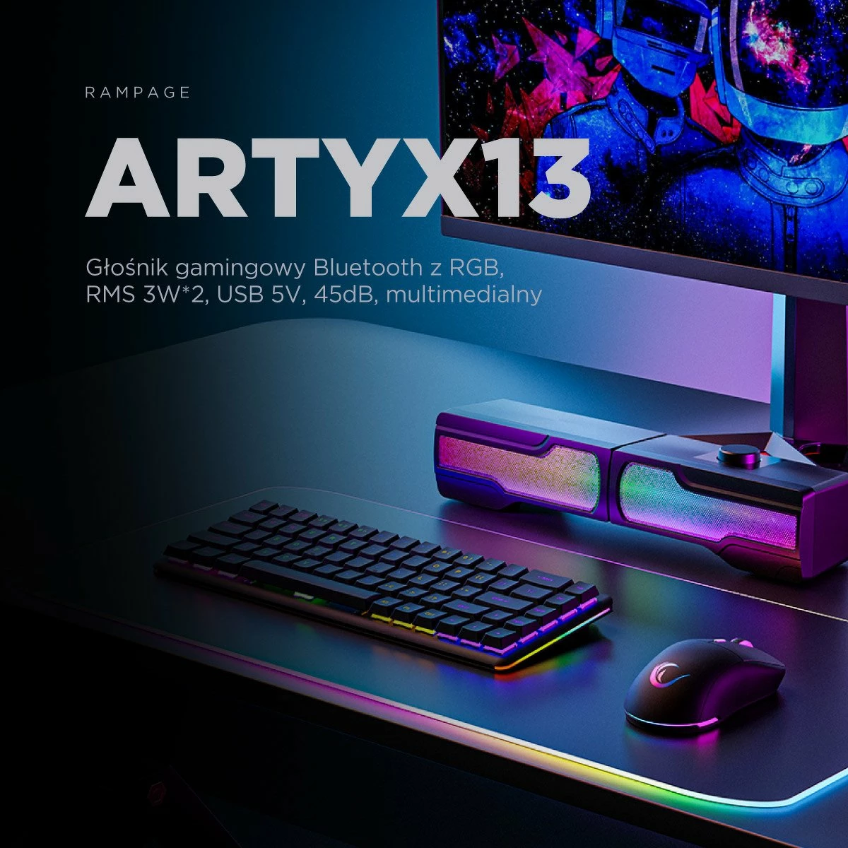 Altoparlantë gaming Rampage Arty X13 2.0 Bluetooth, RGB, USB 5V, të zeza
