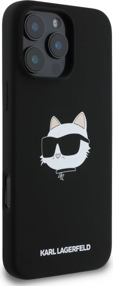 Mbështjellës, Karl Lagerfeld, Silicone Choupette Head Print MagSafe, për iPhone 16 Pro 6.3", silikon hardcase me unazë MagSafe, i zi