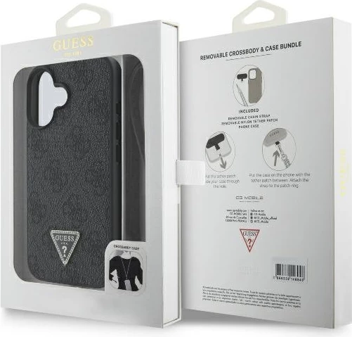Mbështjellës Guess Crossbody 4G Metal Logo për iPhone 16, i zi, me rrip