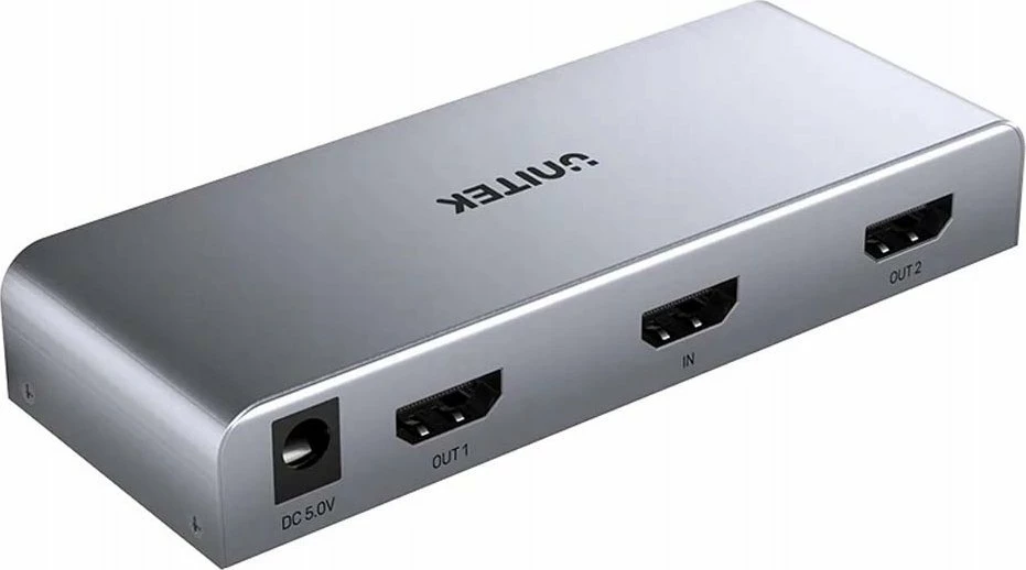Splitter sinjali HDMI Unitek V1130A01-EU 4K 1 hyrje 2 dalje, argjendtë, set me adaptor 5V/1A