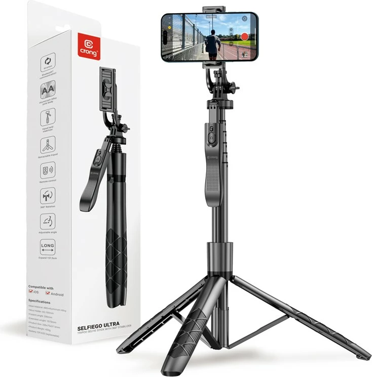 Selfie stick tripod CRONG SelfieGo Ultra me Bluetooth, 33-157.5cm, i zi