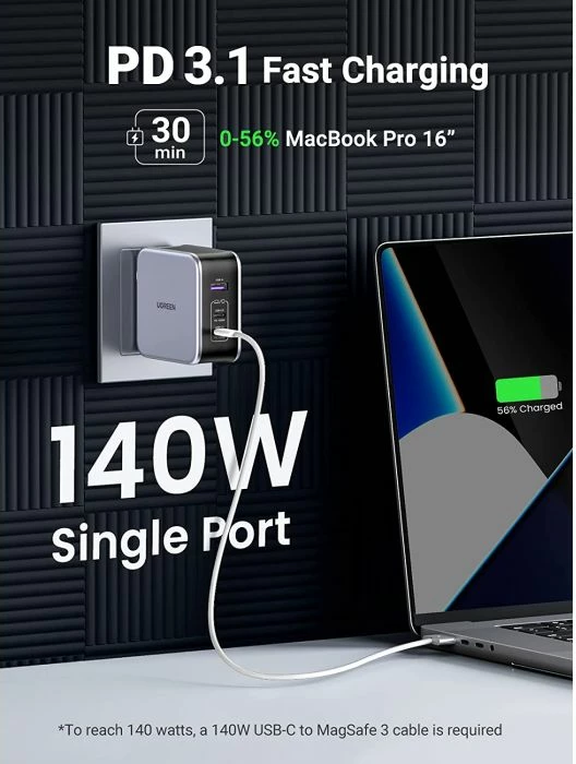 Karikues USB-C UGREEN Nexode 90549, 140W, 3 porta (2x USB-C + USB-A), PD 3.1 GaN, me kabllo USB-C 240W 1.5m, gri/e zezë