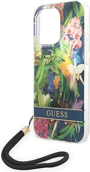 Mbështjellës Guess GUOHCP14LHFLSB për iPhone 14 Pro 6.1", Flower Strap, Blu