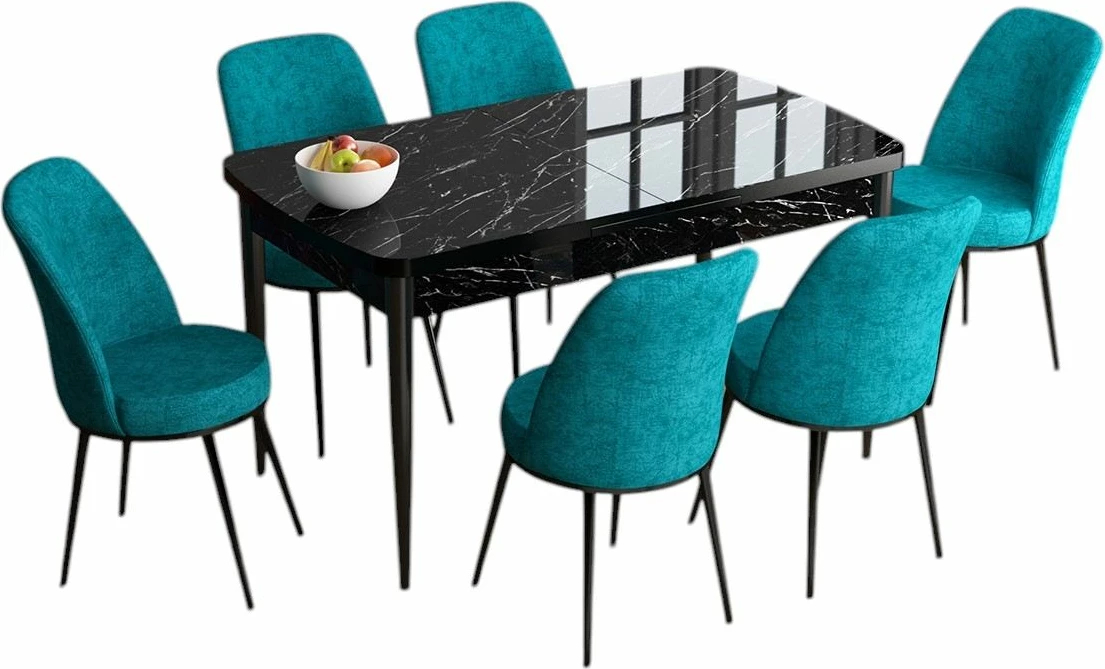 Set tavoline me karrige për ngrënie, zgjatues, 7 pjesë, Skye Decor, mermer i zi, ngjyrë tyrkiz