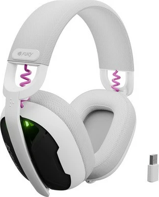 Kufje wireless mbi-vesh Natec Fury Fukiya F6, Bluetooth 5.4, 2.4GHz, mikrofon, 40h, të bardha, me kabllo USB-C