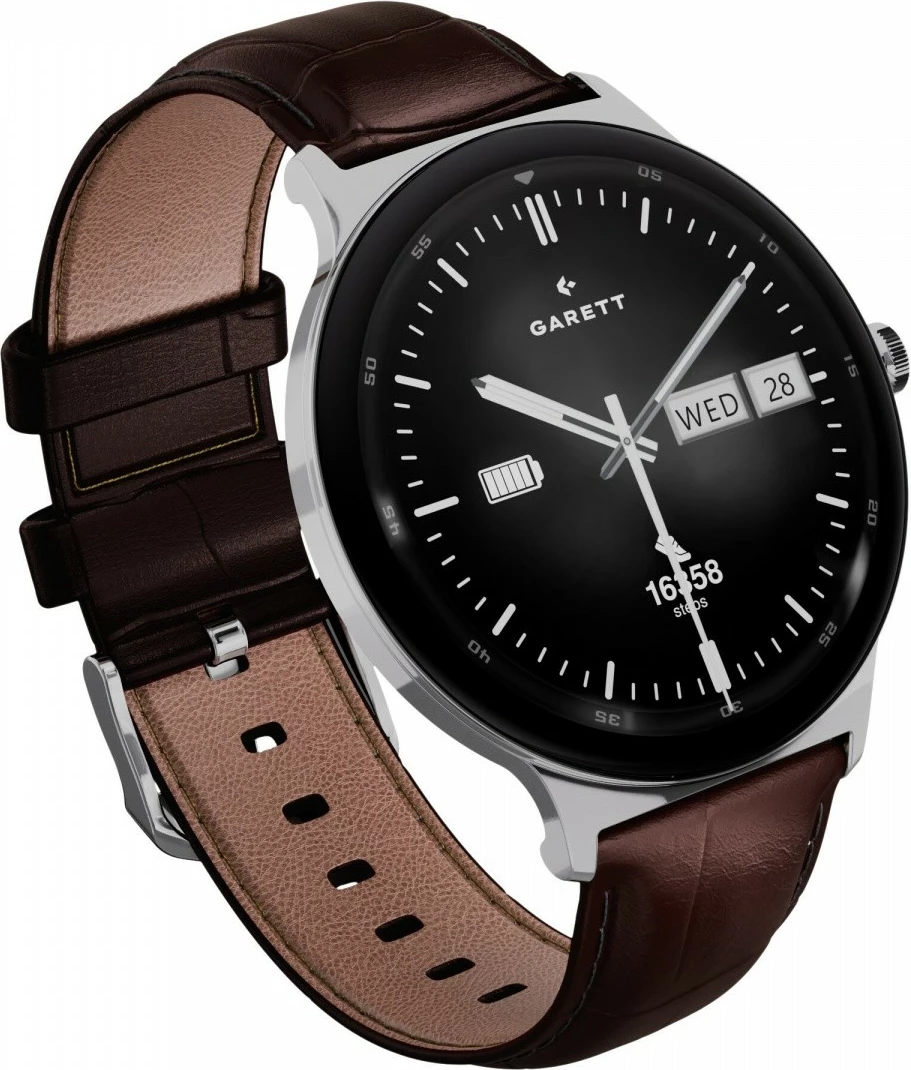 Smartwatch Garett Quantum 1.43\" AMOLED, Bluetooth (thirrje), IP68, 200 mAh, set byzylyk çeliku + rrip lëkure (kafe), Silver