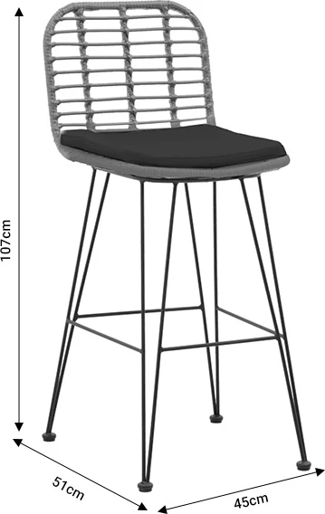 Karrige për bar, kopsht, me jastëk PE, këmbë metali, ngjyrë natyrale e zezë, 46x56x110cm