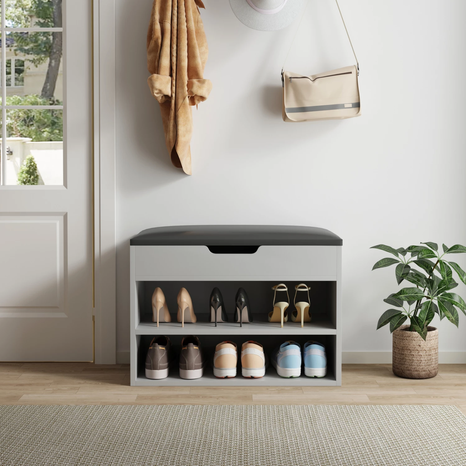 Raft këpucësh me ulëse ROMIR FH2477.05 melaminë gri-antracit ulëse PU 60x30x44Hcm