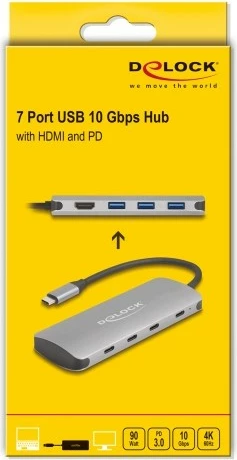 USB hub DeLOCK 64323, 7 porta, 4K HDMI, USB-C/USB-A, 90W, alumini, gri
