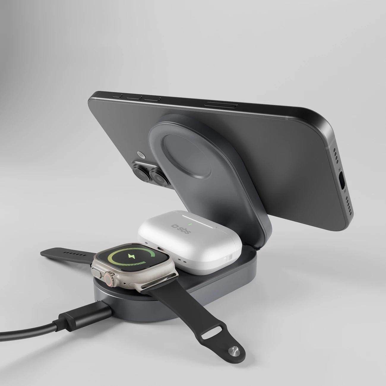Karikues pa tel 3‑në‑1 palosës, SBS Power Dock 3 in 1, Qi2 & MFi, 15 W, USB‑C, i zi