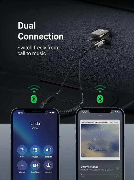 Adapter Bluetooth AUX/USB UGREEN 70601, Bluetooth 5.0, 3.5mm, me mikrofon, lidhje dy pajisje, i zi