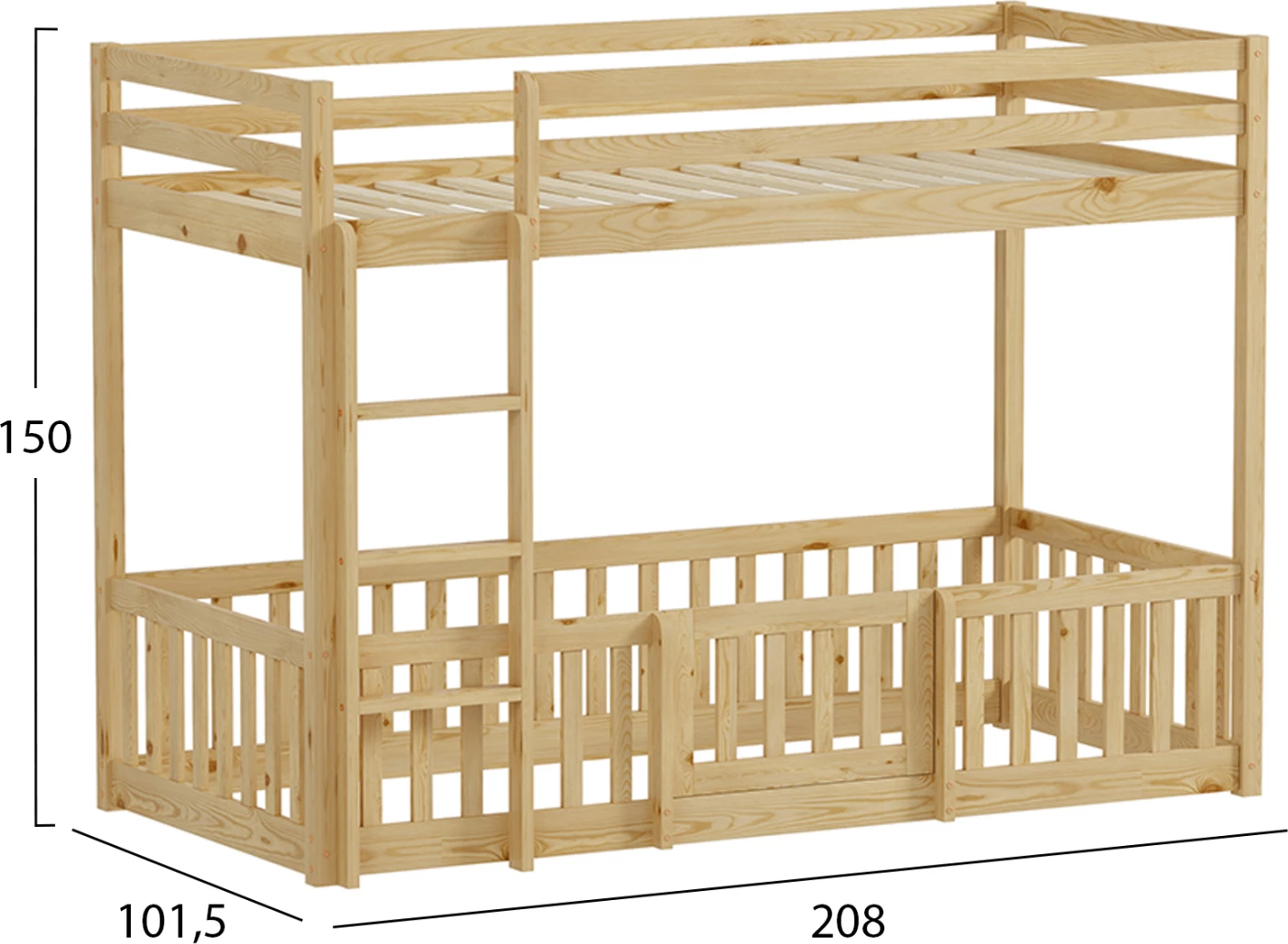 Krevat marinari për fëmijë Montessori PLAYKID me park lojërash, dru pishe natyral, FH703.01, 190x90cm